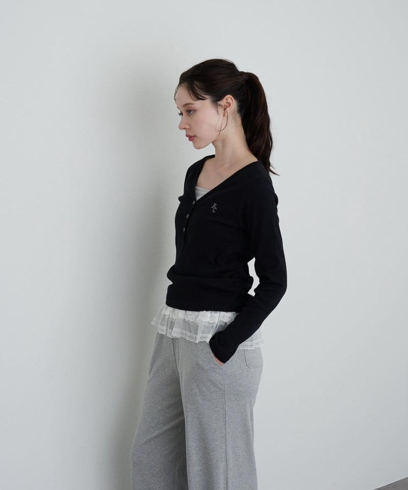 【華奢見えが叶う/追加生産決定】Vネックヘンリー胸刺繍ロングTシャツ