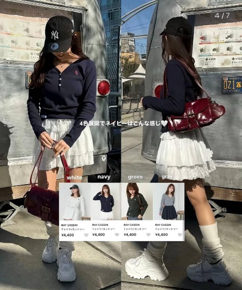 【華奢見えが叶う/追加生産決定】Vネックヘンリー胸刺繍ロングTシャツ