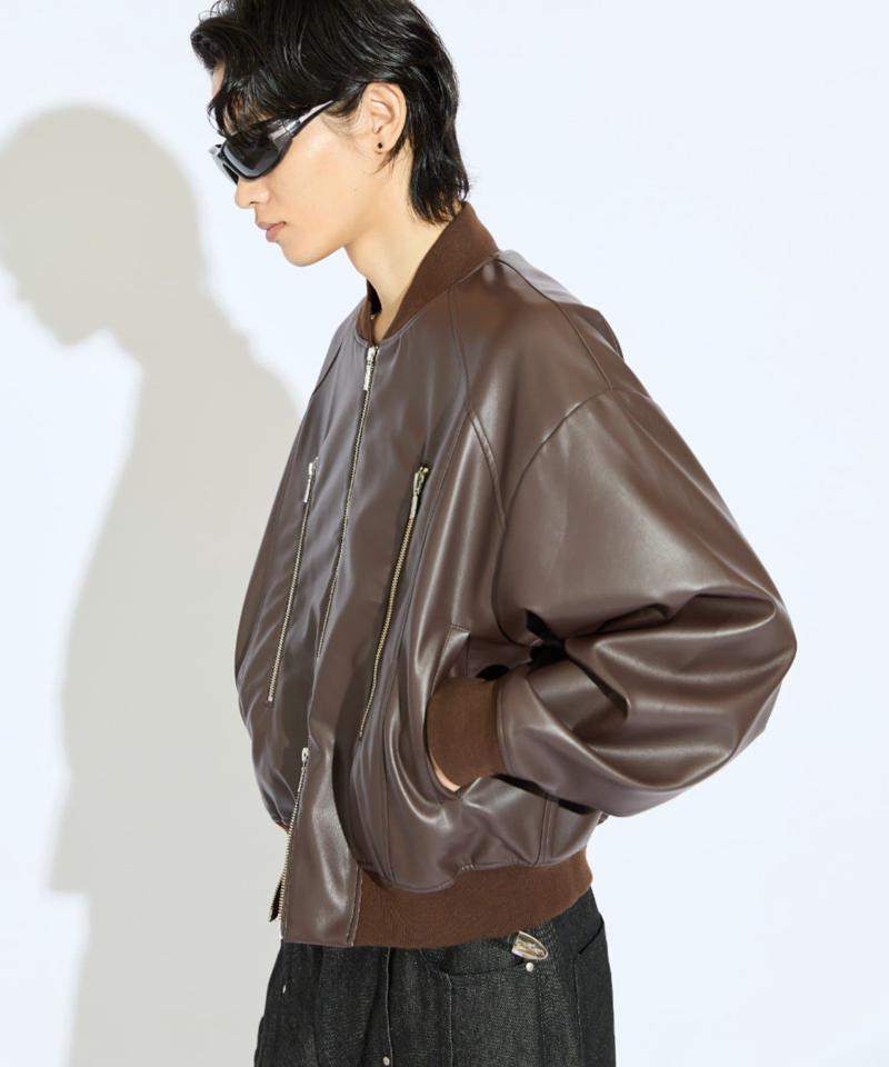 【Neucon/ニューコン】シンセティックレザーZIPデザインショートブルゾン