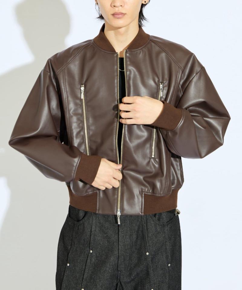 【Neucon/ニューコン】シンセティックレザーZIPデザインショートブルゾン
