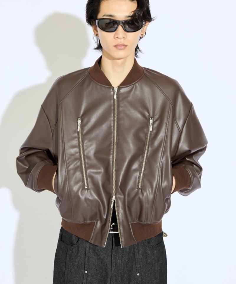 【Neucon/ニューコン】シンセティックレザーZIPデザインショートブルゾン