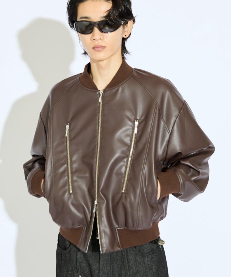【Neucon/ニューコン】シンセティックレザーZIPデザインショートブルゾン