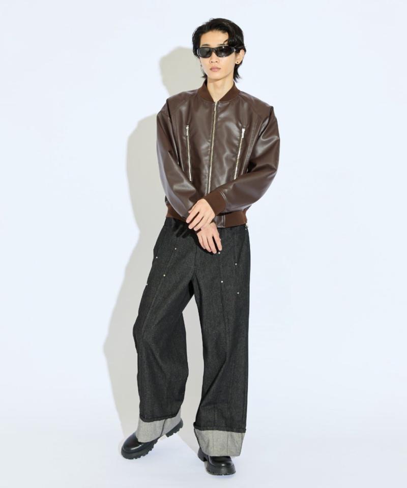 【Neucon/ニューコン】シンセティックレザーZIPデザインショートブルゾン