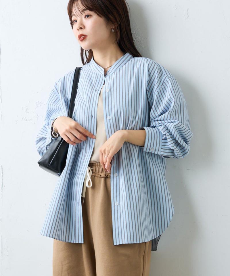 【しわになりにくい】ボリュームスリーブバンドカラーシャツ