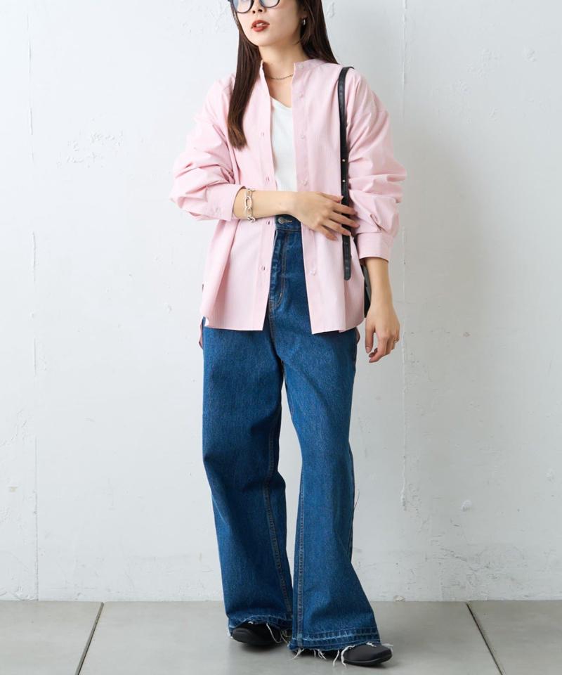 【しわになりにくい】ボリュームスリーブバンドカラーシャツ