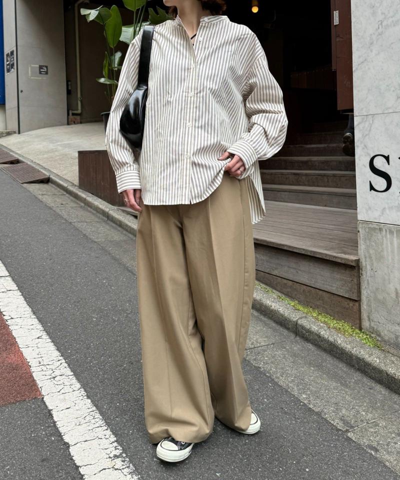 【日焼け対策・お手入れ簡単】ボリュームスリーブストライプバンドカラーシャツ