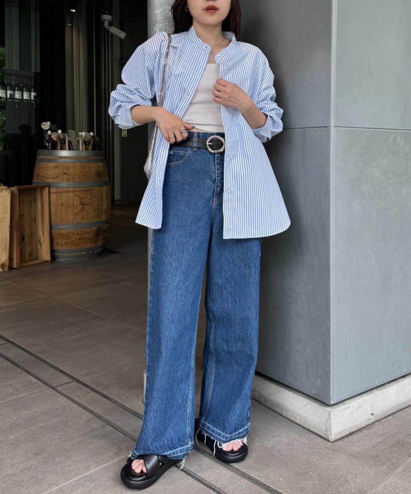 【日焼け対策・お手入れ簡単】ボリュームスリーブストライプバンドカラーシャツ