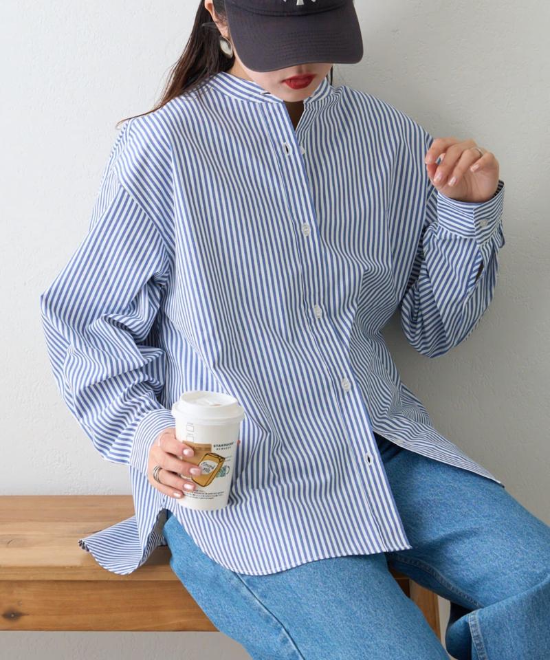 【しわになりにくい】ボリュームスリーブバンドカラーシャツ