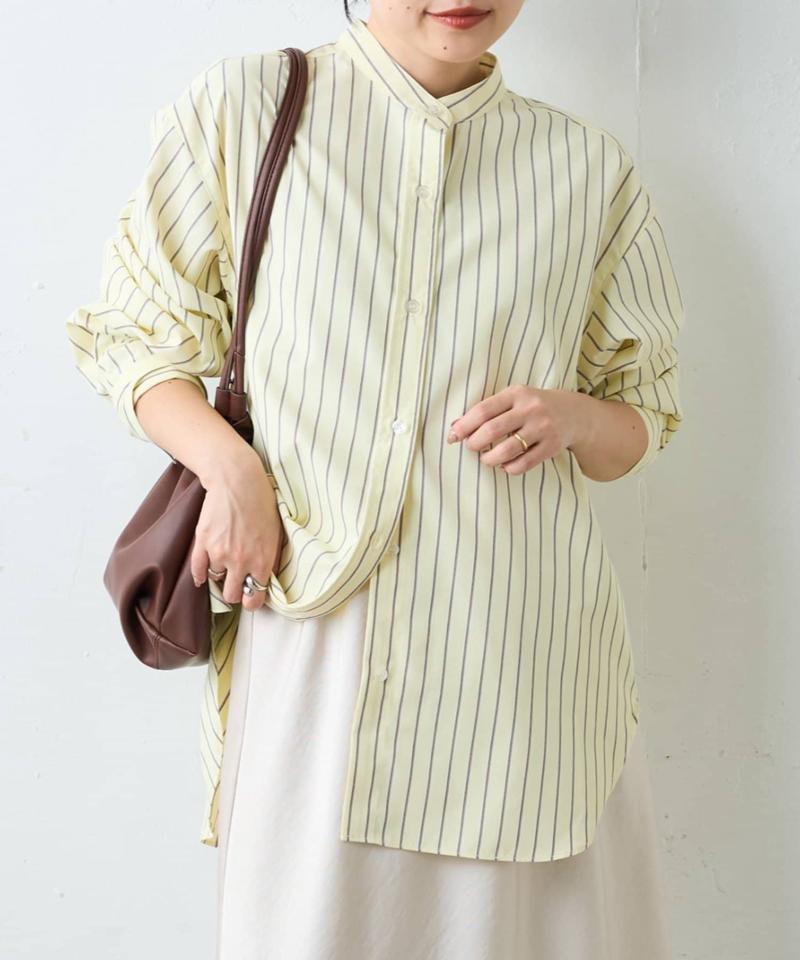 【しわになりにくい】ボリュームスリーブバンドカラーシャツ