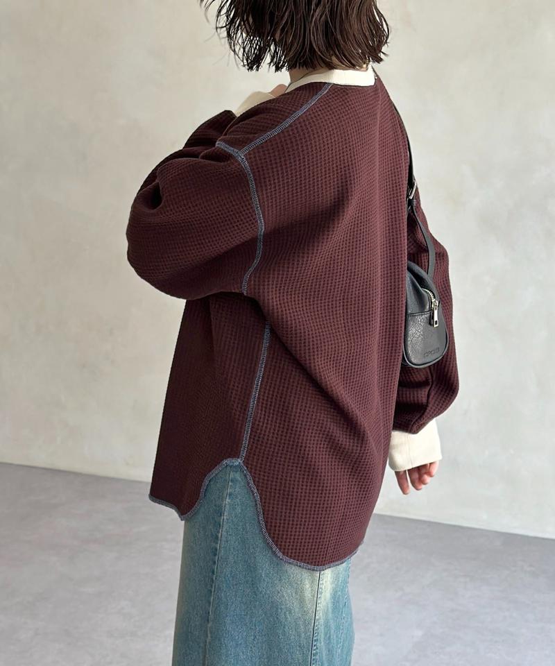リブ配色ステッチワッフルプルオーバー