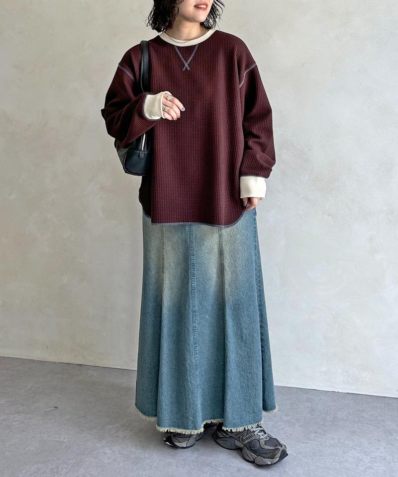 リブ配色ステッチワッフルプルオーバー