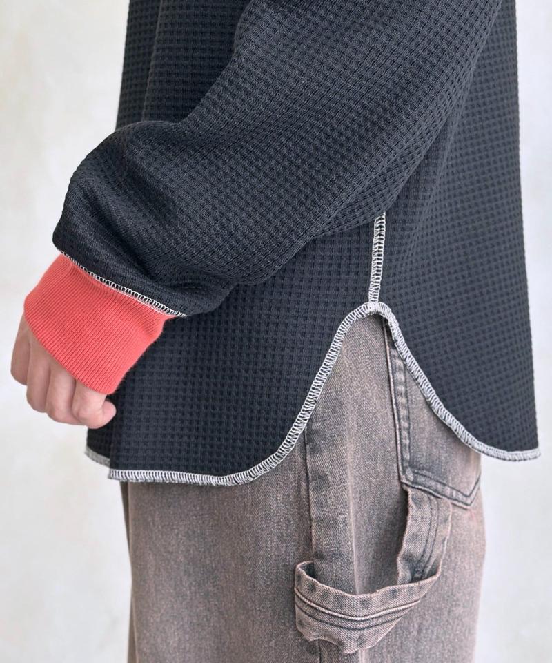 リブ配色ステッチワッフルプルオーバー