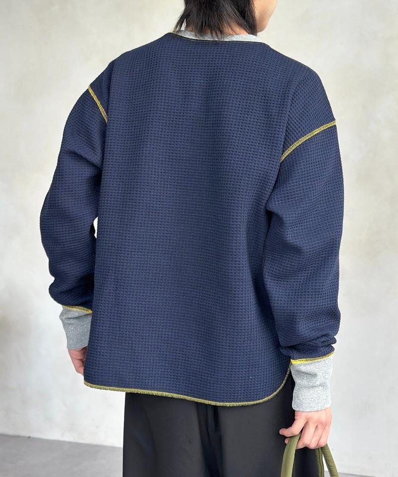 リブ配色ステッチワッフルプルオーバー
