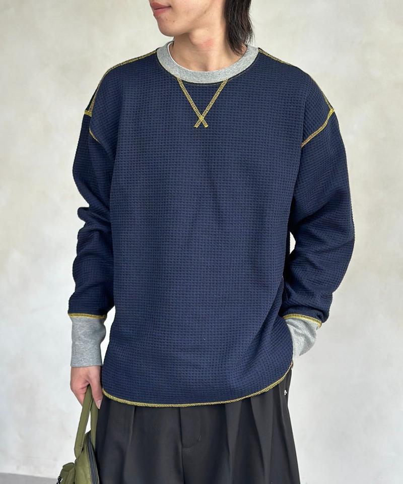 リブ配色ステッチワッフルプルオーバー