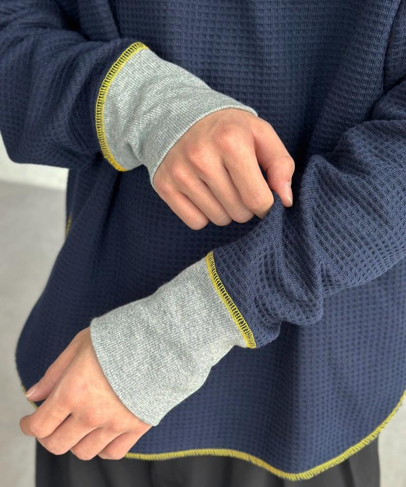 リブ配色ステッチワッフルプルオーバー