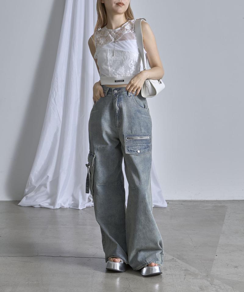 【RAY CASSIN】ロゴレースノースリーブTシャツ