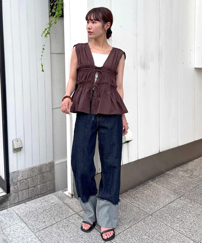 《オールシーズン使える!》【umm.】ギャザーリボン使いノースリブラウス