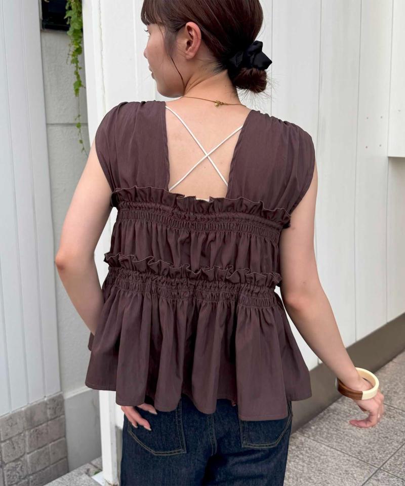 《オールシーズン使える!》【umm.】ギャザーリボン使いノースリブラウス