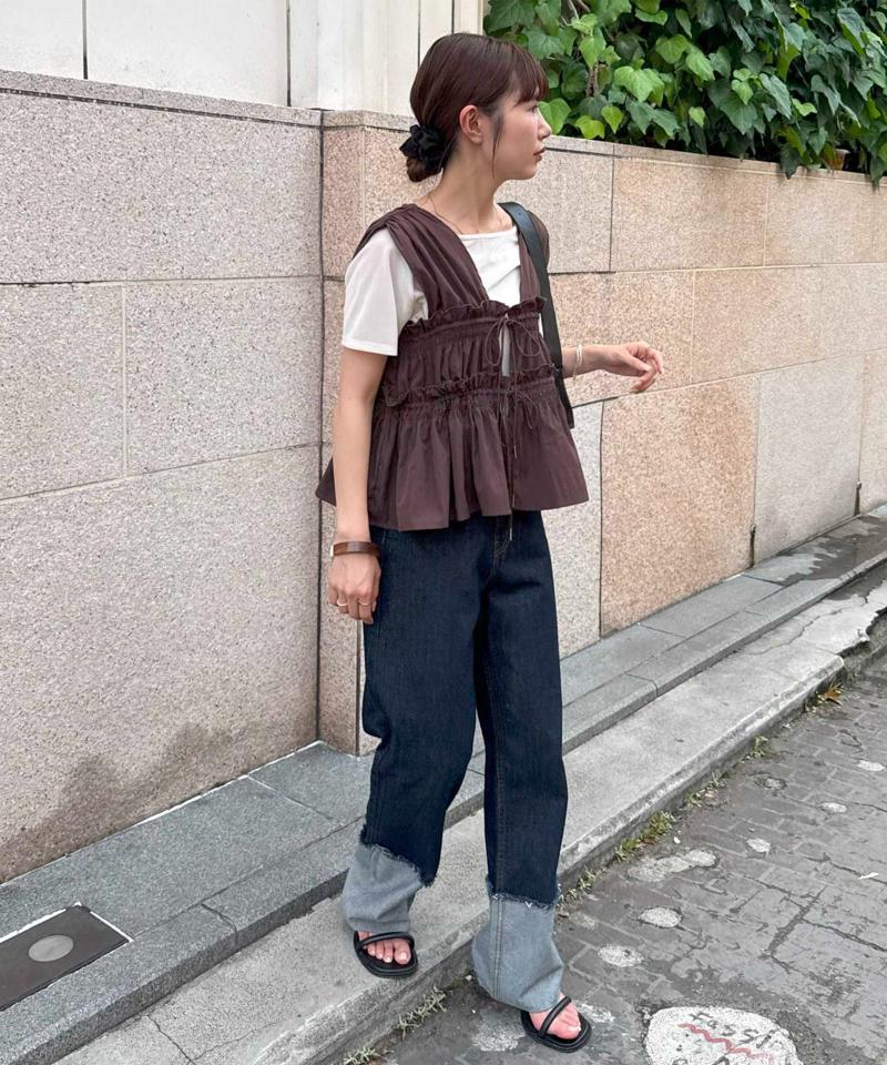 《新色追加!/お気に入り数１万突破》【umm.】ギャザーリボン使いノースリブラウス