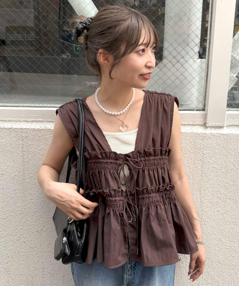 《オールシーズン使える!》【umm.】ギャザーリボン使いノースリブラウス