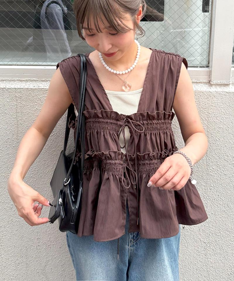 《オールシーズン使える!》【umm.】ギャザーリボン使いノースリブラウス