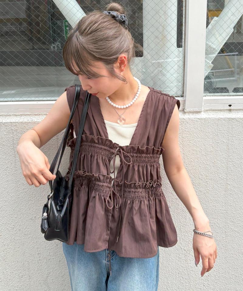 《オールシーズン使える!》【umm.】ギャザーリボン使いノースリブラウス