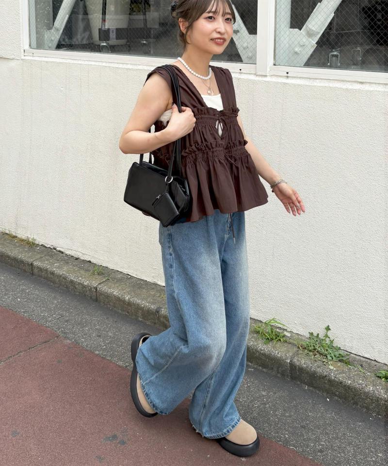 《オールシーズン使える!》【umm.】ギャザーリボン使いノースリブラウス