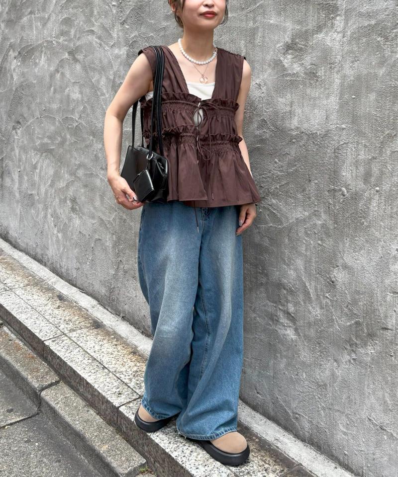 《オールシーズン使える!》【umm.】ギャザーリボン使いノースリブラウス