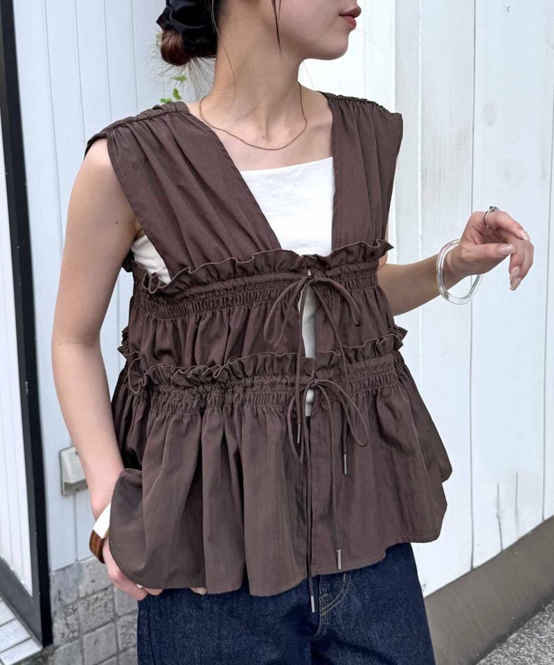 《オールシーズン使える!》【umm.】ギャザーリボン使いノースリブラウス