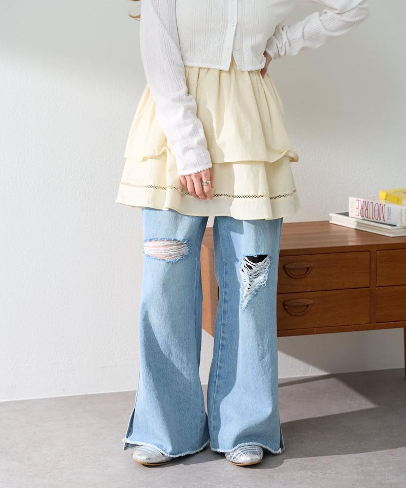 【低身長サイズ追加/高身長サイズ/3サイズ展開】デニムスリットワイドパンツ