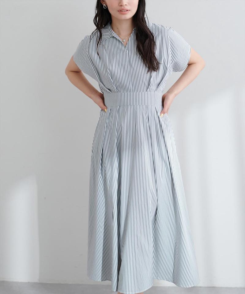 【大人気リバイバル】涼しげスキッパー衿お上品ワンピース