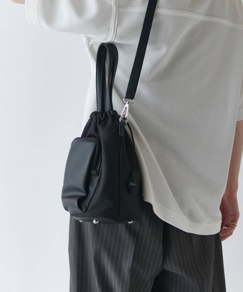 シンセティックレザーナイロンコンビ2way巾着ショルダーバッグ