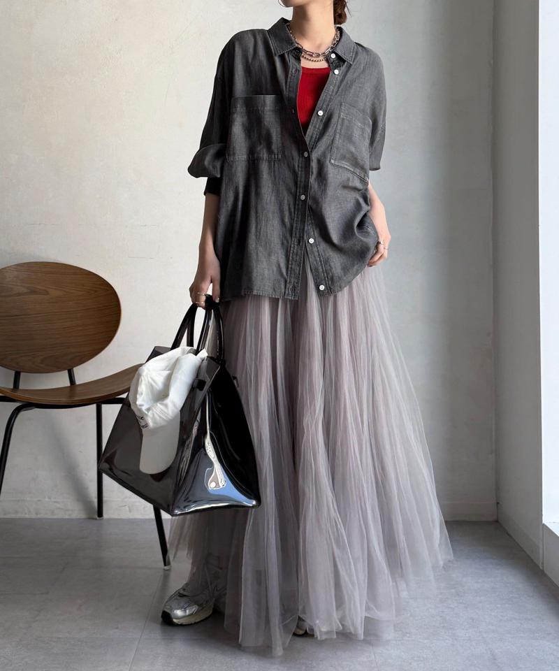 【累計販売数1万枚突破！】【透けデニムシャツ】袖リブシアーデニムシャツ