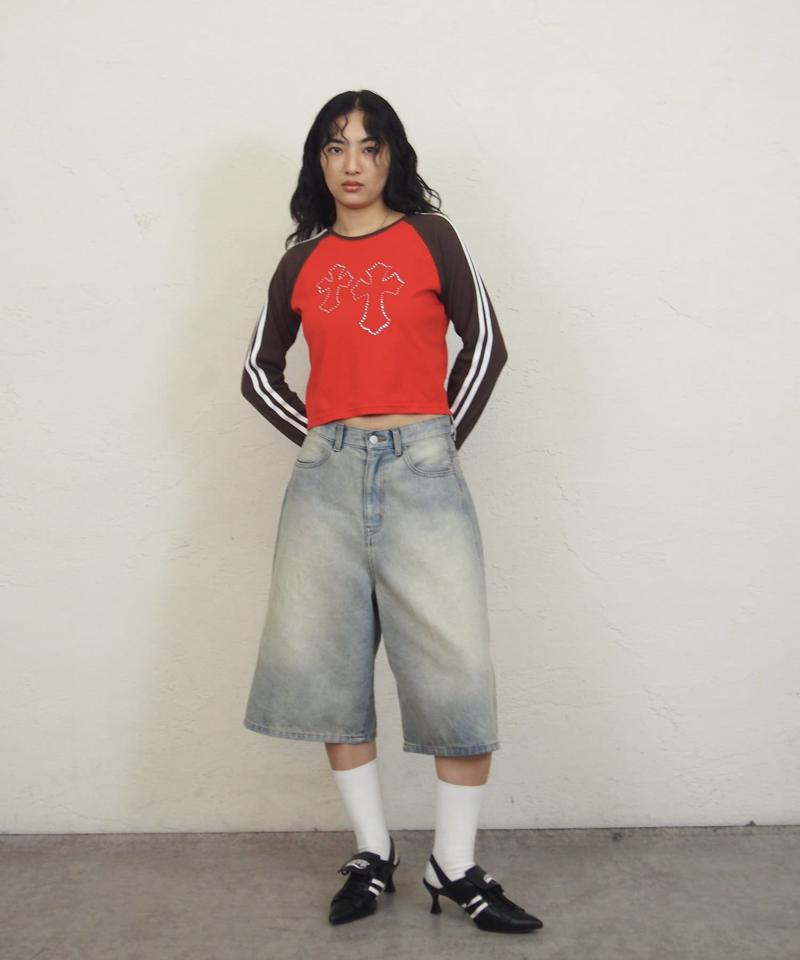 ラグランクロスラインストーントップス