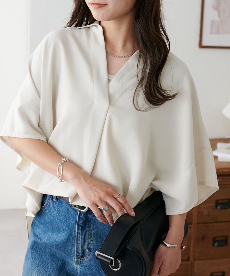 【オンオフ使える♪/シワになりにくい】抜き衿スキッパーブラウス《WEB限定》