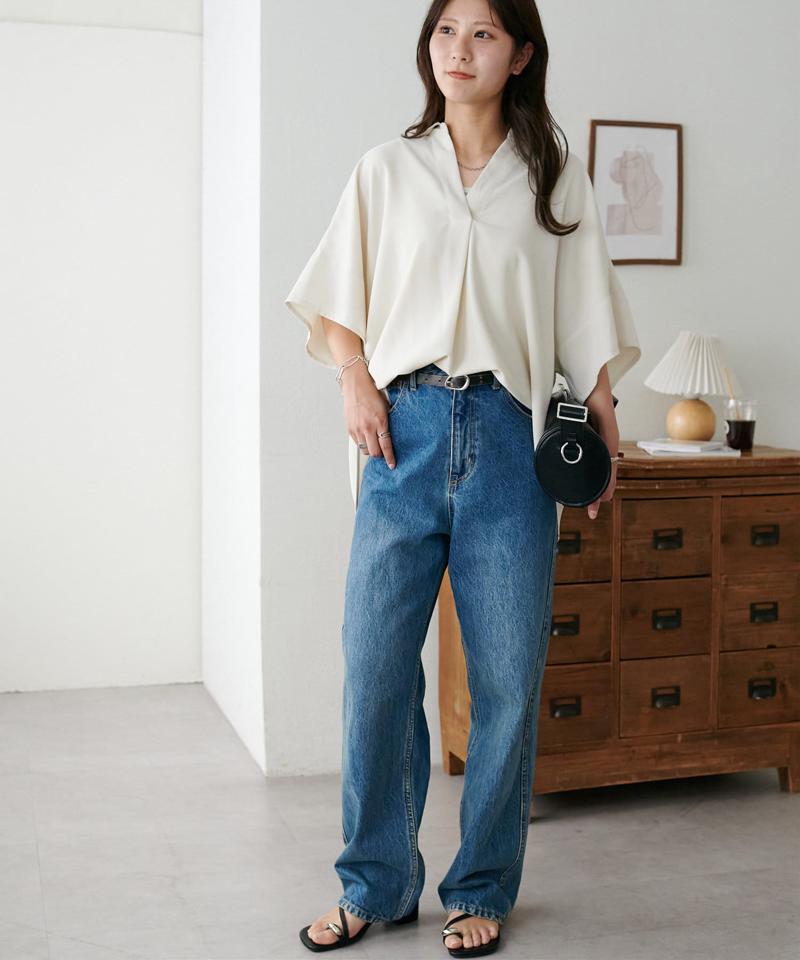 【オンオフ使える♪/シワになりにくい】抜き衿スキッパーブラウス《WEB限定》