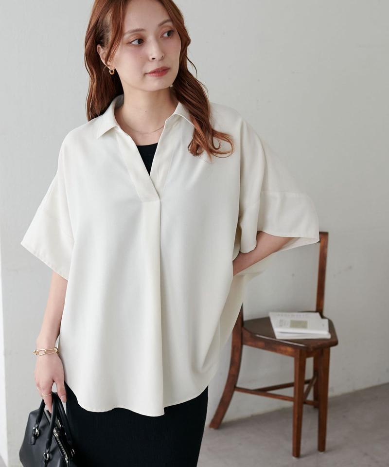 【オンオフ使える♪/シワになりにくい】抜き衿スキッパーブラウス《WEB限定》