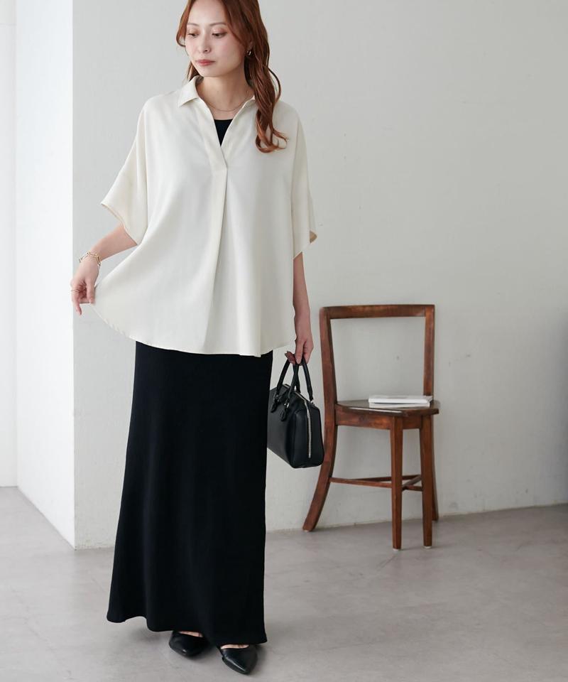 【オンオフ使える♪/シワになりにくい】抜き衿スキッパーブラウス《WEB限定》