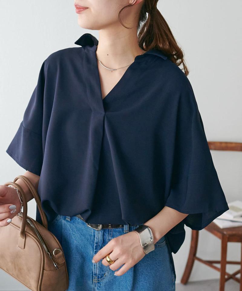 【オンオフ使える♪/シワになりにくい】抜き衿スキッパーブラウス《WEB限定》