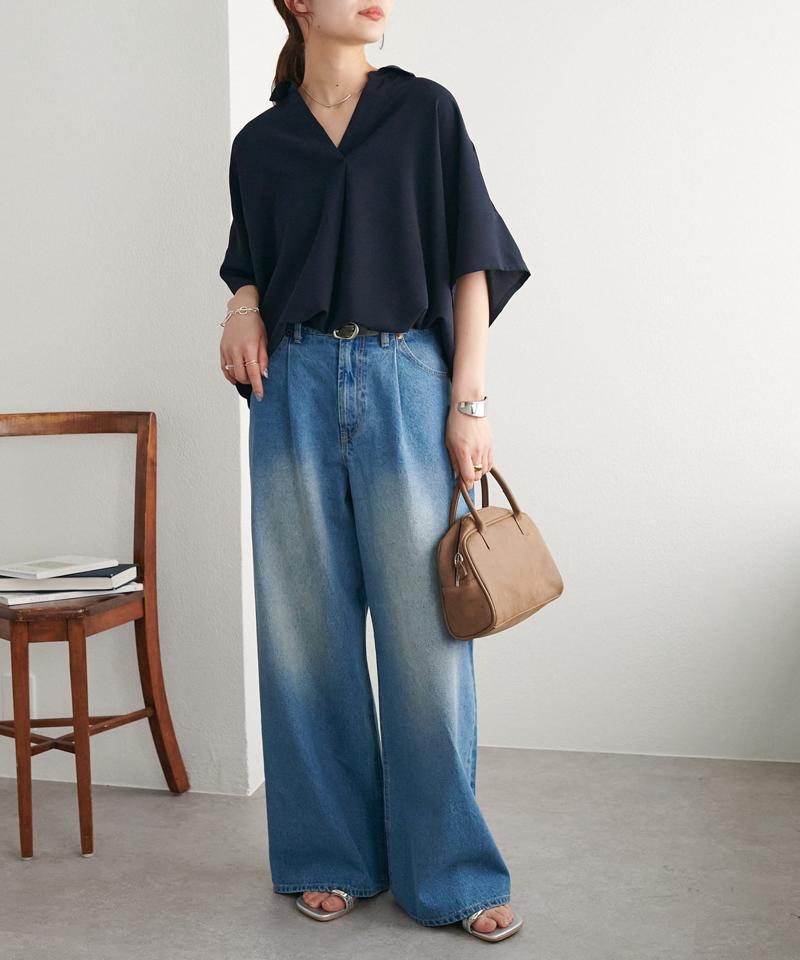 【オンオフ使える♪/シワになりにくい】抜き衿スキッパーブラウス《WEB限定》