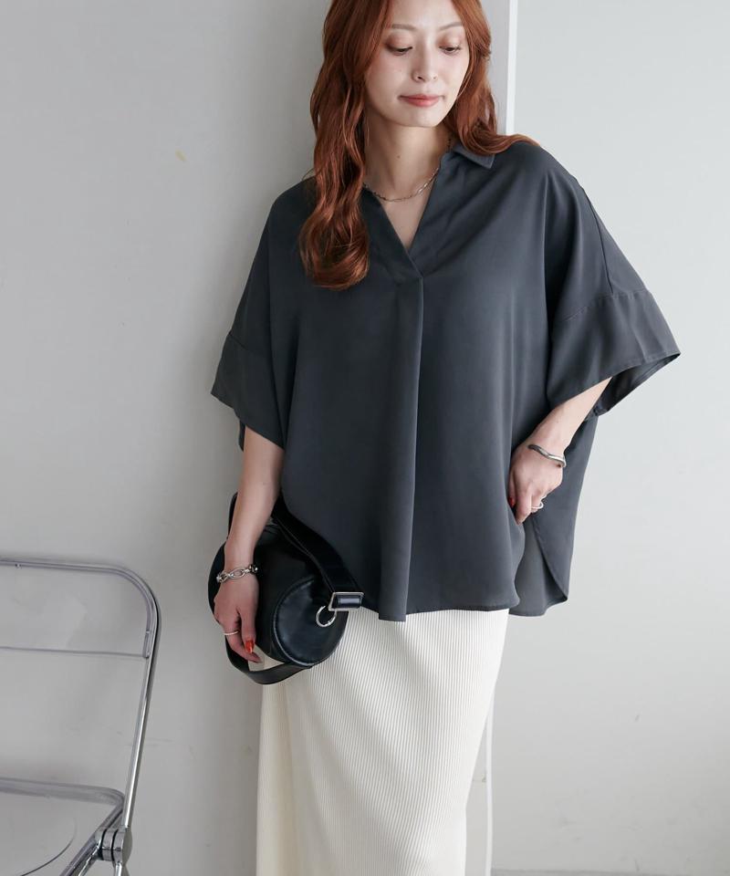 【オンオフ使える♪/シワになりにくい】抜き衿スキッパーブラウス《WEB限定》
