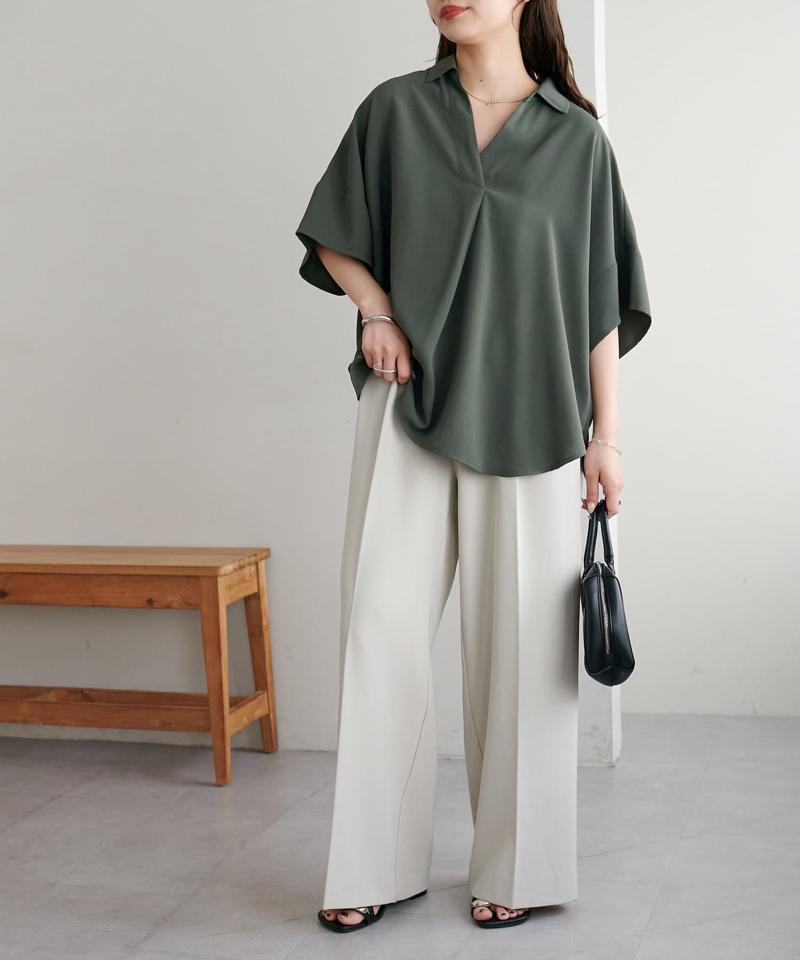 【オンオフ使える♪/シワになりにくい】抜き衿スキッパーブラウス《WEB限定》