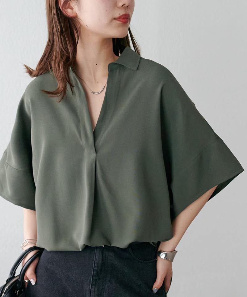 【オンオフ使える♪/シワになりにくい】抜き衿スキッパーブラウス《WEB限定》