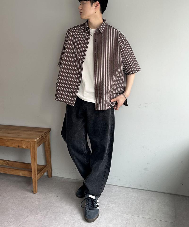 【ユニセックス】ドビーマルチストライプ半袖シャツ