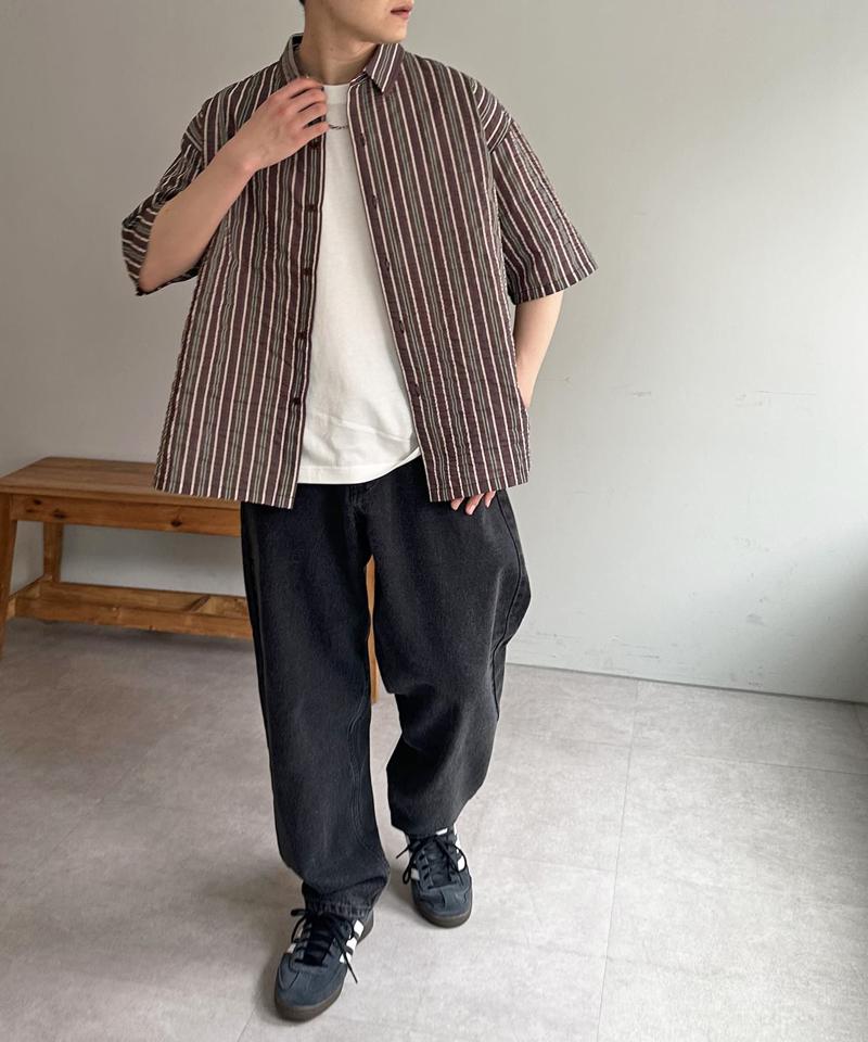 【ユニセックス】ドビーマルチストライプ半袖シャツ