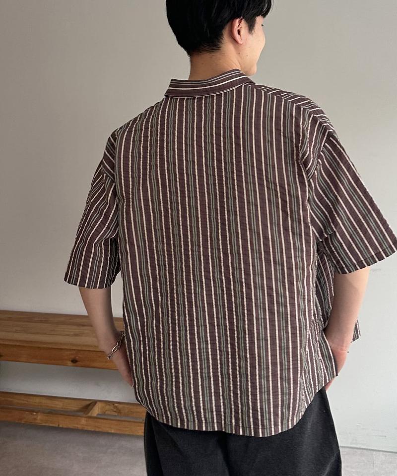 【ユニセックス】ドビーマルチストライプ半袖シャツ
