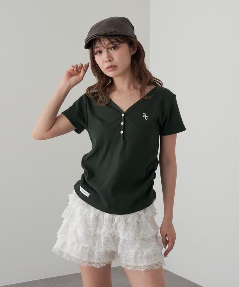 Vネックヘンリー胸刺繍半袖Tシャツ