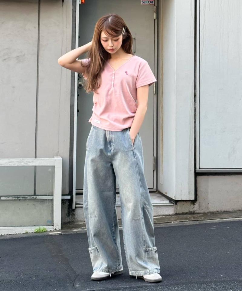 Vネックヘンリー胸刺繍半袖Tシャツ
