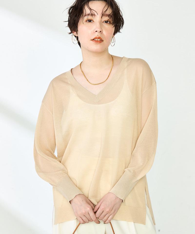 麻混シアーVネックプルオーバーニット