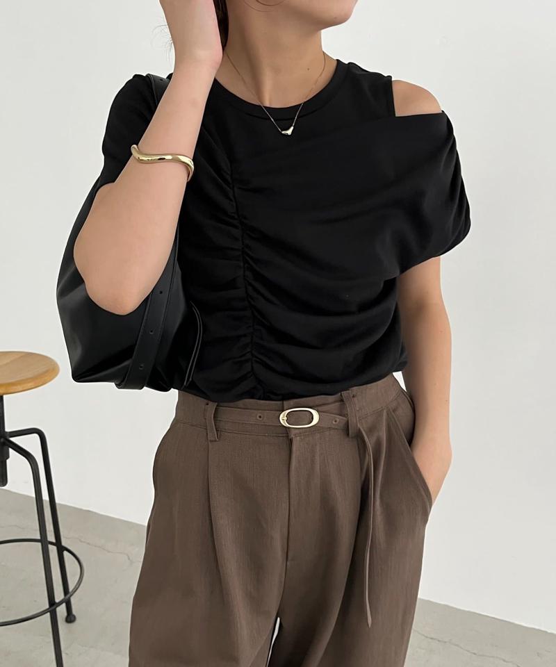 【即完につき再入荷/新色ブラウン】アシメギャザーTシャツ